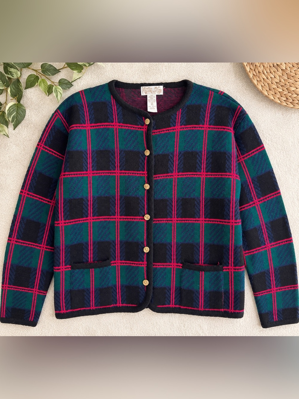 Vintage Tally-Ho Plaid Cardigan Sweater XL Green Navy Red Gold Buttons
